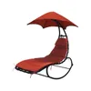 A red chaise lounge chair with a black frame and a red umbrella, isolated on a white background. Produktbild-Vorschau