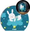 A product image featuring a night light with a bunny illustration, shown both flat and in a circular inset showing it lit. Voir les images du produit