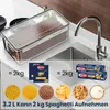 A clear storage container filled with cereal is shown on a kitchen counter next to a sink and faucet. Below the container, there are images of different food items and text indicating the container's capacity and what it can hold. Produktbild-Vorschau
