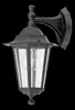 A black outdoor wall lantern with glass panels and a visible light bulb, set against a black background. Podgląd zdjęcia produktu