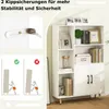 A white bookshelf with various items on its shelves, next to an illustration showing how to secure it to prevent tipping. Voir les images du produit