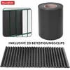 A collage showing a roll of black screening material, a close-up of screening attached to a green fence, and a row of black clips. Produktbild-Vorschau