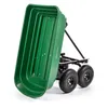 A green garden cart with black wheels, shown from a low angle against a white background. Podgląd zdjęcia produktu