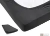 A close-up view of a dark grey fitted sheet on a mattress, with a smaller folded sheet in the bottom left corner. Produktbild-Vorschau