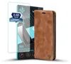 A brown flip cover phone case and a screen protector are displayed against a white background.