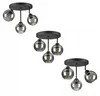 Three different configurations of a black ceiling light with three adjustable, smoked glass shades are displayed against a white background. Produktbild-Vorschau