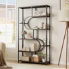A bookshelf filled with decorative items and books, placed in a living room setting next to a window and a floor lamp. Produktbild-Vorschau