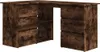 A corner desk with a rustic wood finish.