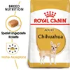 A bag of Royal Canin Chihuahua Adult dog food is shown, with descriptive text and graphics on the left side. Produktbild-Vorschau