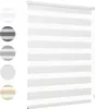 A roller blind with horizontal stripes of opaque and sheer fabric, shown in white, gray, and beige color options. Podgląd zdjęcia produktu