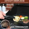 A person is using tongs to place food on a grill mat. There are grilled vegetables and a steak on the mat. A separate inset image shows a dirty grill grate with a red 'X' over it. Produktbild-Vorschau