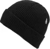 A black knitted beanie with a small white logo on the side. Produktbild-Vorschau
