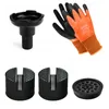 A collection of car maintenance tools, including a hydraulic jack, gloves, and jack stands, arranged on a white background. Produktbild-Vorschau