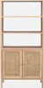 A wooden bookshelf with two rattan-covered doors at the bottom and three open shelves above. Produktbild-Vorschau