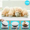 Puppies eating from bowls on a scale. Produktbild-Vorschau