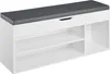A white shoe bench with a gray cushion on top, shown from a front-side angle against a white background. Produktbild-Vorschau