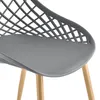 A close-up of a modern chair with a grey seat and a lattice-like backrest, supported by light brown wooden legs. Náhľad obrázku produktu