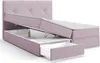 A pink boxspring bed with its storage drawers and lift-up mattress base open, revealing the storage space inside. The bed is shown from a slightly elevated side angle against a white background. Produktbild-Vorschau