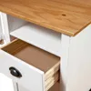 A close-up view of a white desk with a wooden top, showing an open drawer and a shelf. Produktbild-Vorschau