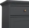A close-up view of a dark gray sideboard with a gold drawer knob. Produktbild-Vorschau