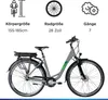 A grey and green electric bicycle is shown against a white background, with icons and text above detailing its specifications. Produktbild-Vorschau