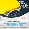 A close-up of a yellow toilet seat with chrome hinges, showing installation accessories and measurement details. Produktbild-Vorschau