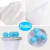 A collage of images showing details of laundry accessories, including mesh fabric and blue plastic balls. Produktbild-Vorschau