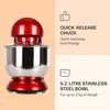 A red stand mixer with a stainless steel bowl is shown alongside descriptive text highlighting its features. Náhled obrázku produktu