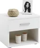 A white nightstand with a drawer and an open shelf, decorated with a framed photo, a woven basket, and two decorative cups. Produktbild-Vorschau