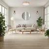 A modern living room with a sofa, chairs, coffee table, and plants, illuminated by a ceiling light. Produktbild-Vorschau