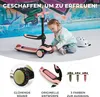 A young girl is interacting with a pink scooter that can convert into a balance bike or tricycle. The background features a colorful graffiti wall. Below the main image are three circular insets showcasing product features: glowing wheels, the scooter's de Produktbild-Vorschau