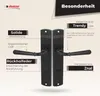 A marketing image showcasing a black door handle with various features highlighted by text overlays. Produktbild-Vorschau
