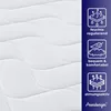 A close-up of a white quilted mattress fabric with three informational icons and text on a dark blue background. Produktbild-Vorschau