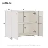 A white sideboard with dimensions indicated by measurement lines and numbers. Podgląd zdjęcia produktu