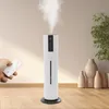 A hand holding a remote control is shown in the foreground, with a white humidifier emitting mist in the midground. Several decorative vases are visible in the background. Podgląd zdjęcia produktu