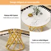 A collage showing a marble-top round dining table with a golden metal base, and close-ups of its features. Voir les images du produit