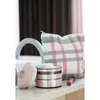 A bathroom counter with a sink faucet, a makeup bag, a jar of cotton pads, and a small pink device. Produktbild-Vorschau
