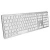 A silver wireless keyboard with a numeric keypad is shown from a diagonal angle against a white background. Produktbild-Vorschau