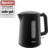A black electric kettle with a water level indicator, shown next to a product review badge. Produktbild-Vorschau
