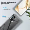 A clear phone case is shown with callouts highlighting screen and camera protection. Produktbild-Vorschau