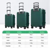 A size chart for three different sizes of dark green suitcases, showing dimensions, weight, and capacity. Produktbild-Vorschau