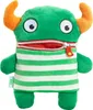 A green plush toy monster with orange horns and a striped shirt. Produktbild-Vorschau