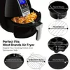 A collage of images showing an air fryer and various accessories with dimensions. Produktbild-Vorschau