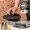 A person is shown attaching a disc to an angle grinder, with close-up insets highlighting specific features and a measurement. Náhled obrázku produktu