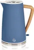 A blue electric kettle with a wooden handle is shown against a white background. Produktbild-Vorschau