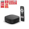 A black streaming box and its remote control are displayed on a white background, with several marketing badges above. Podgląd zdjęcia produktu