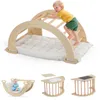 A collage of images showing a wooden climbing arch with a child, and other configurations of the product. Podgląd zdjęcia produktu