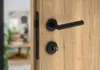 A close-up shot of a black door handle and lock on a wooden door. Produktbild-Vorschau