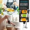 A collage showing a person using an immersion blender in a pot, close-ups of food prepared with the blender, and the blender itself. Produktbild-Vorschau