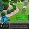 A garden scene showing a flexible plastic edging being installed to separate a lawn from a flower bed, with a pair of gloves and stakes also visible. Produktbild-Vorschau